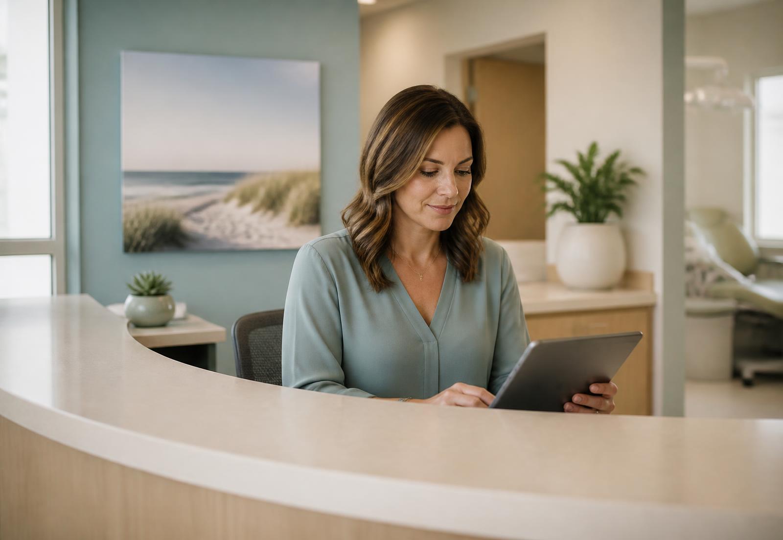 Practice manager reviewing incoming patient referrals on a tablet at an orthodontic front desk